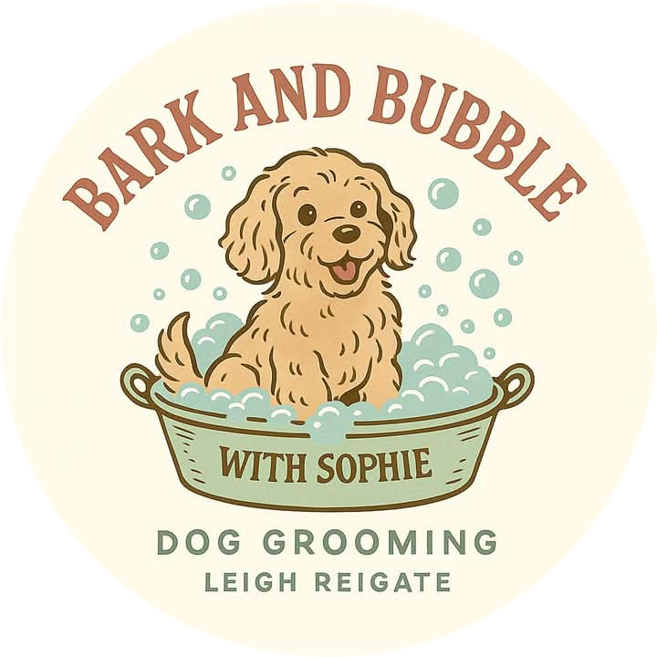Bark and Bubble with Sophie logo: a fluffy puppy in a bubble bath, Dog Grooming, Leigh Reigate